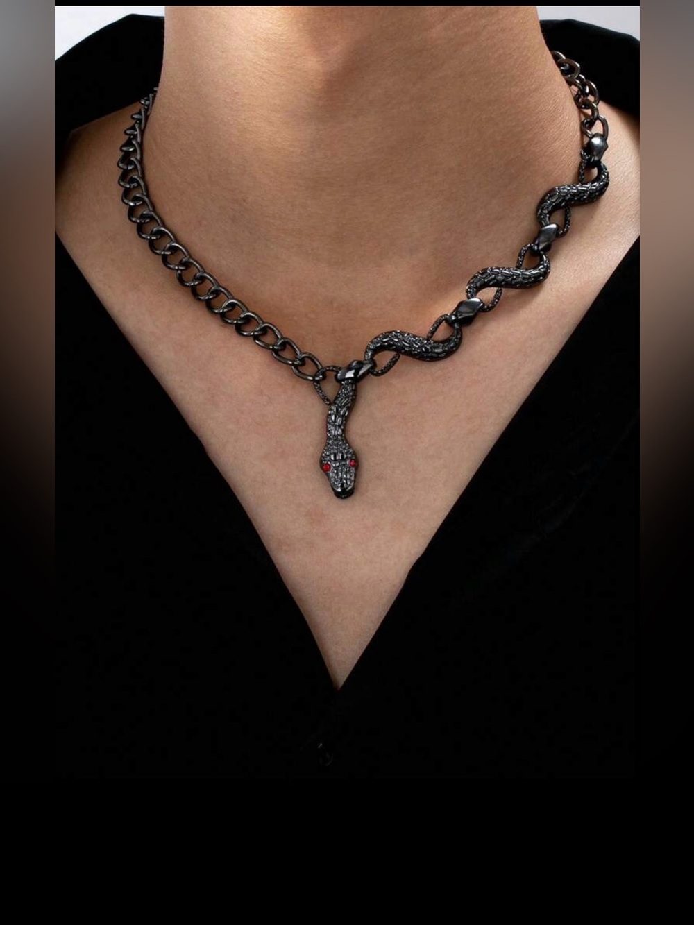 Black Snake Statement Necklace with Red Eyes- Gothic Punk Chain Choker